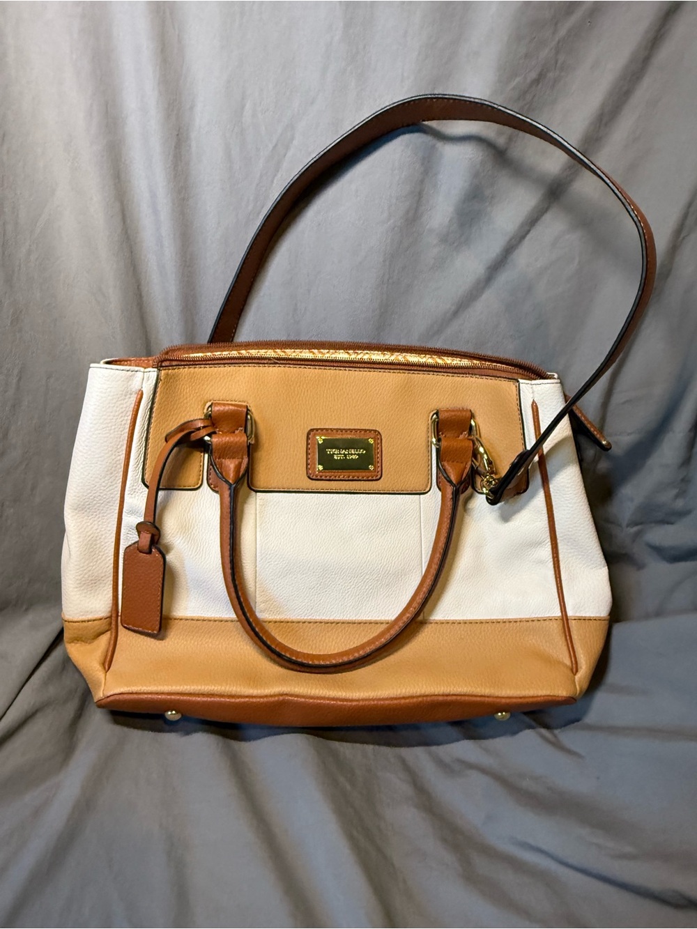 Dooney & Bourke White and Tan Leather Satchel with Gold Hardware